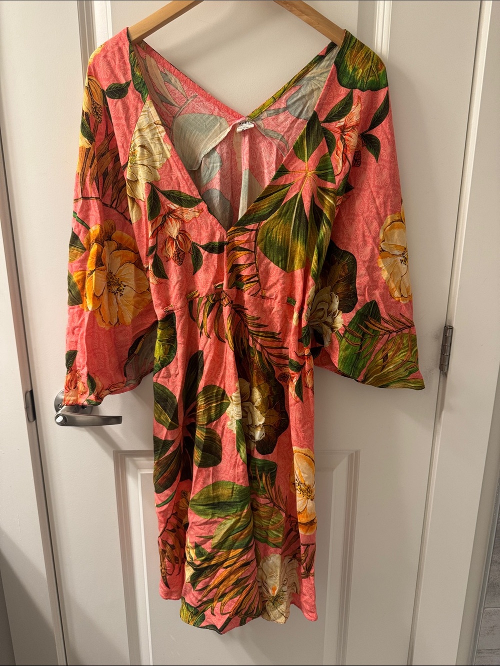 Floral Coral Midi Viscose Flowy Dress with Green Leaf Print Made in Brazil